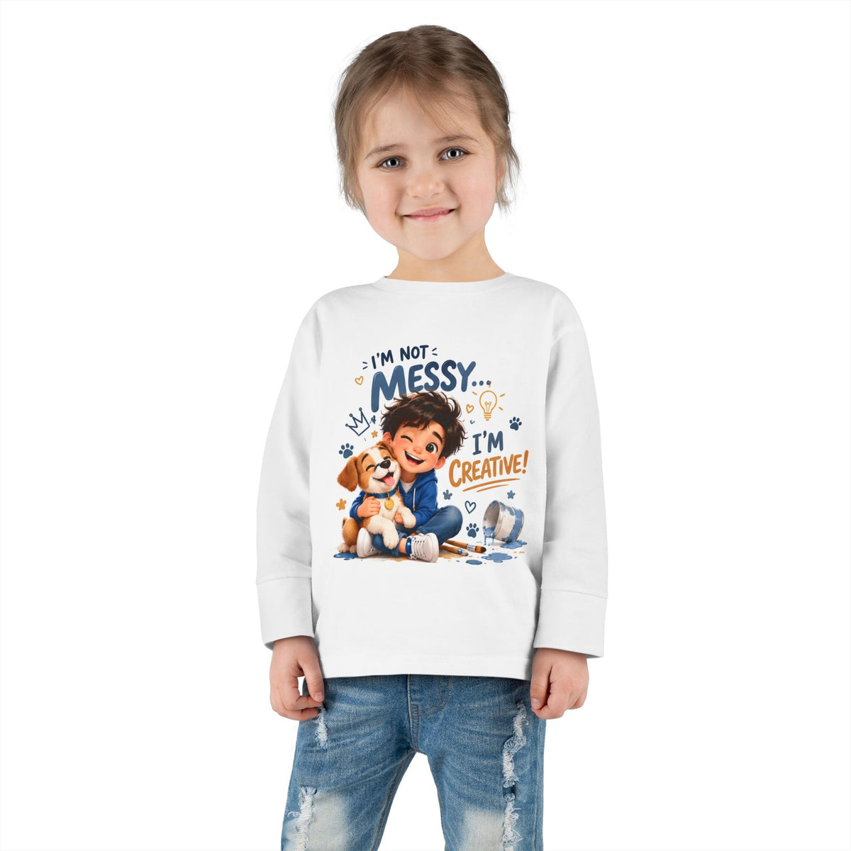 Toddler Long Sleeve Tee — “I’m Not Messy, I’m Creative!” Playful Kids Art Shirt