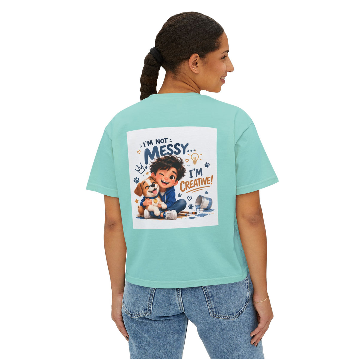 Women's Boxy Tee — "I'm Not Messy... I'm Creative!" Cute Kid & Puppy Art Shirt