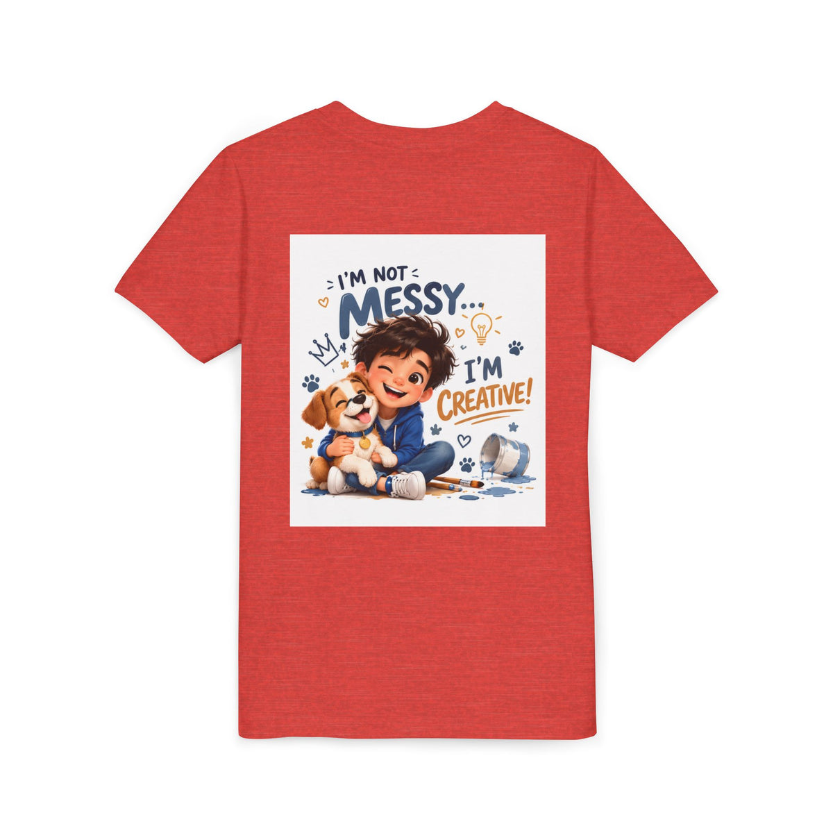 Youth Tee — "I'm Not Messy... I'm Creative!" Cute Kid & Puppy Art