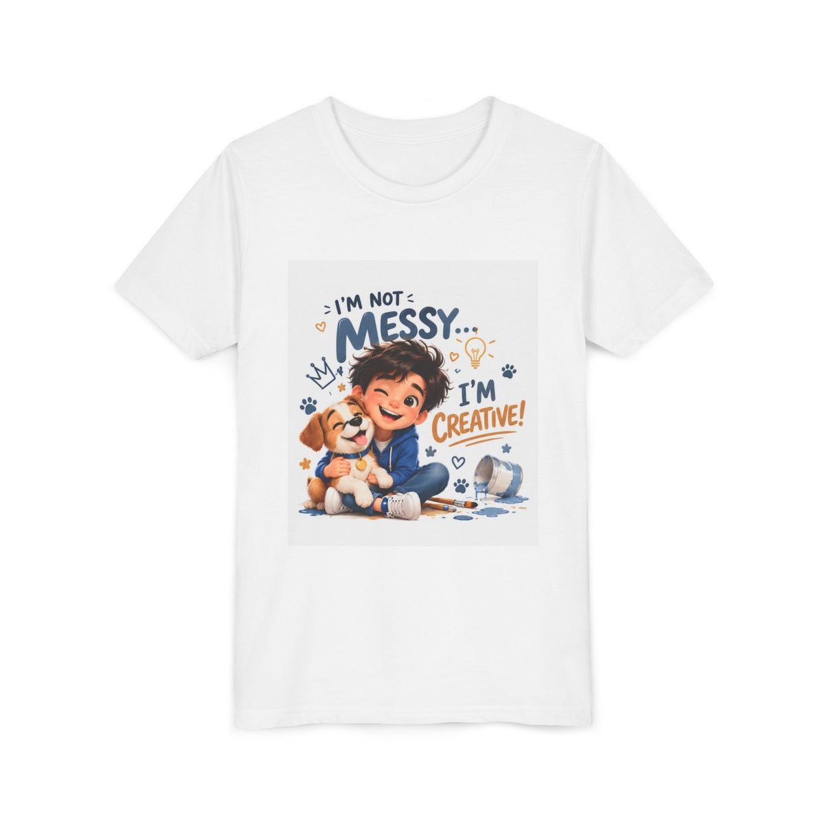 Youth Tee — "I'm Not Messy... I'm Creative!" Cute Kid & Puppy Art