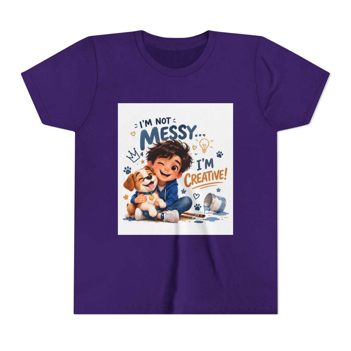 Youth Tee — "I'm Not Messy... I'm Creative!" Cute Kid & Puppy Art
