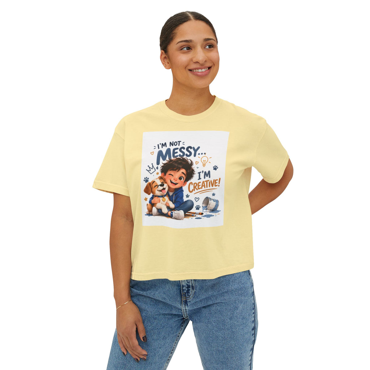 Women's Boxy Tee — "I'm Not Messy... I'm Creative!" Cute Kid & Puppy Art Shirt