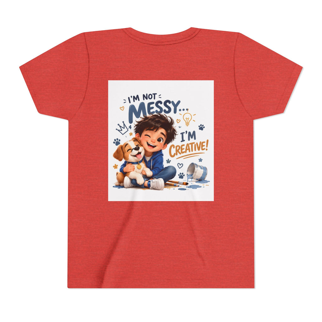 Youth Tee — "I'm Not Messy... I'm Creative!" Cute Kid & Puppy Art