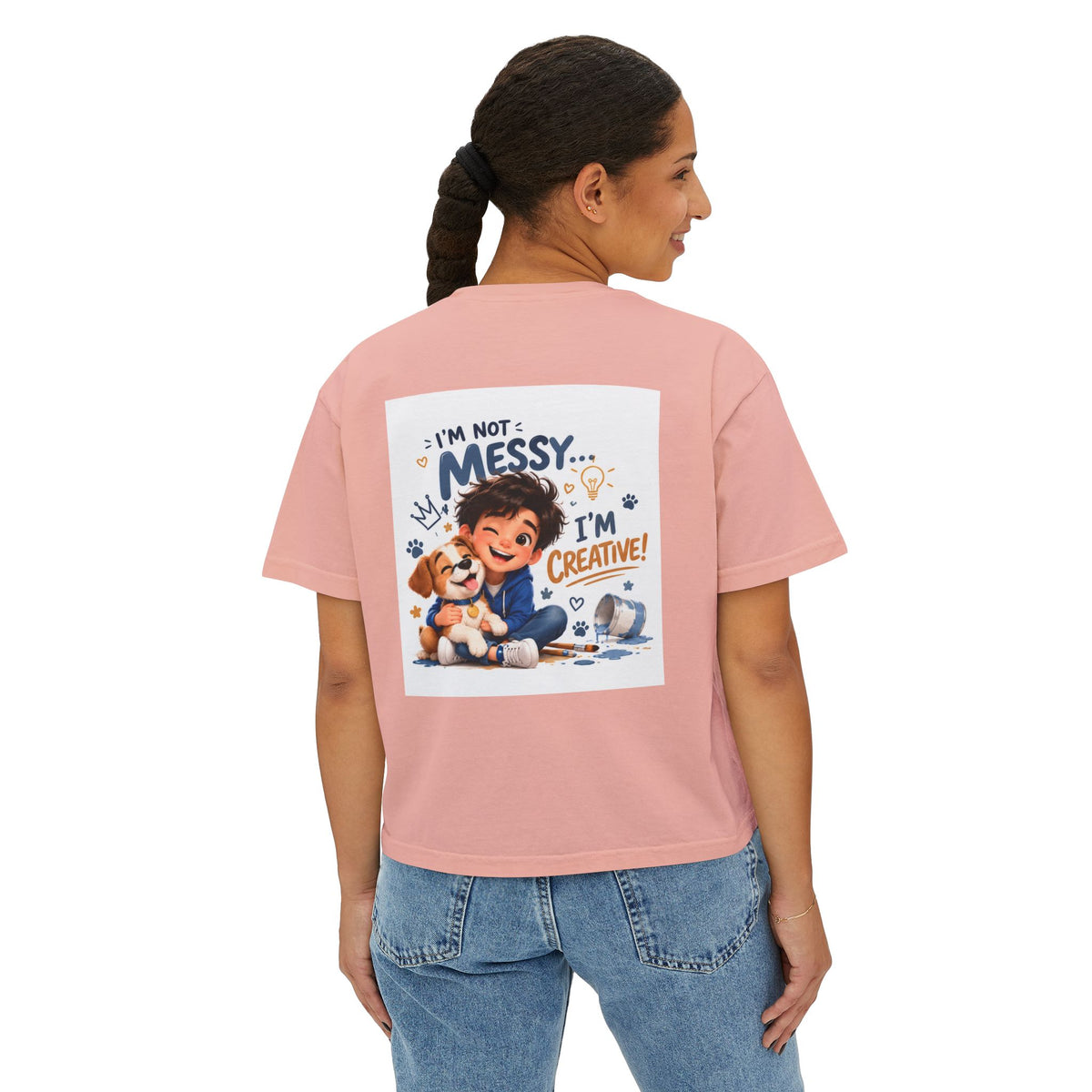 Women's Boxy Tee — "I'm Not Messy... I'm Creative!" Cute Kid & Puppy Art Shirt