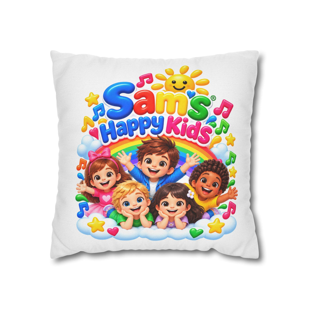 Personalized Kids Pillow — "Sam's Happy Kids" Colorful Cartoon Square Cushion