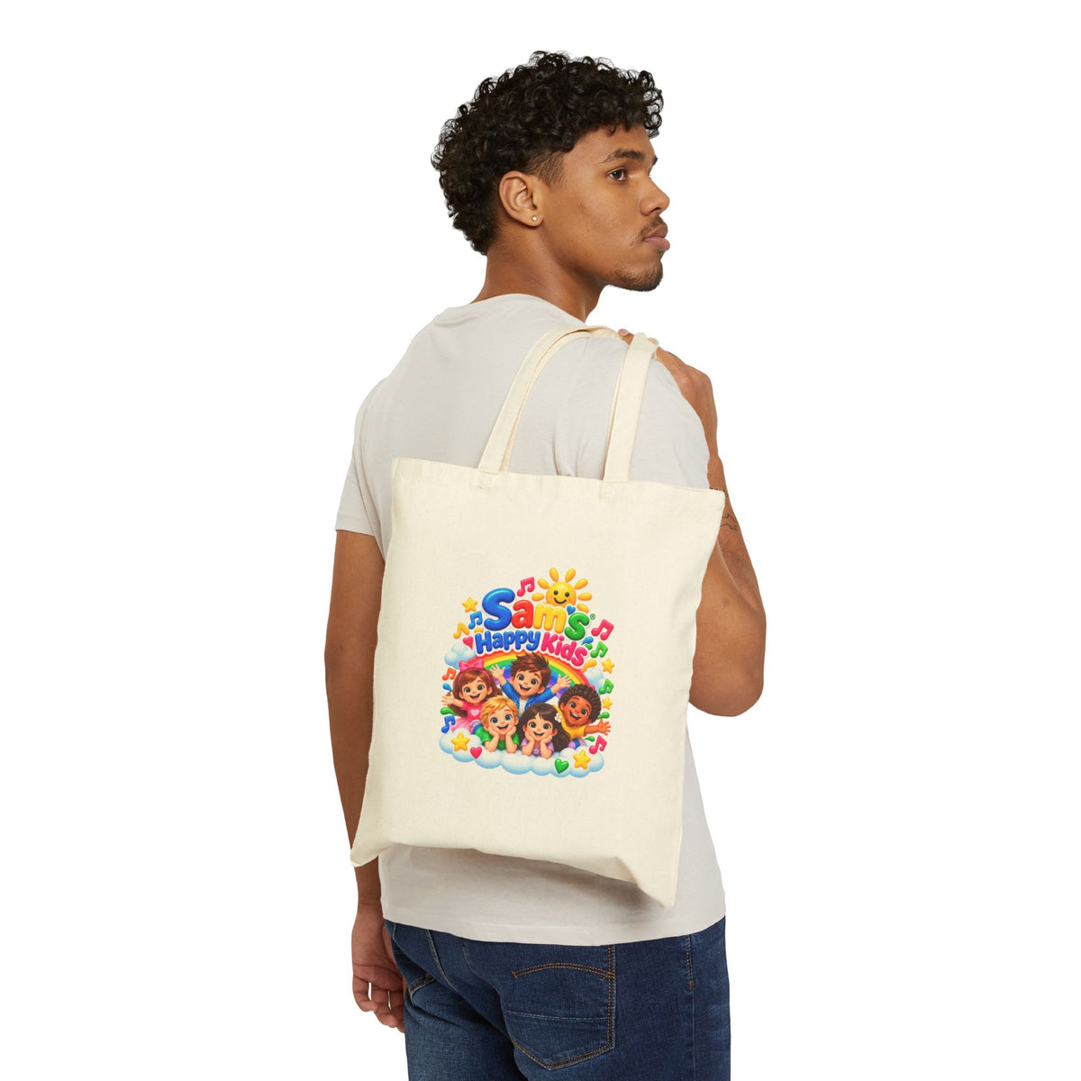 Happy Kids Cartoon Cotton Tote Bag — Colorful Kids Music & Sunshine Design