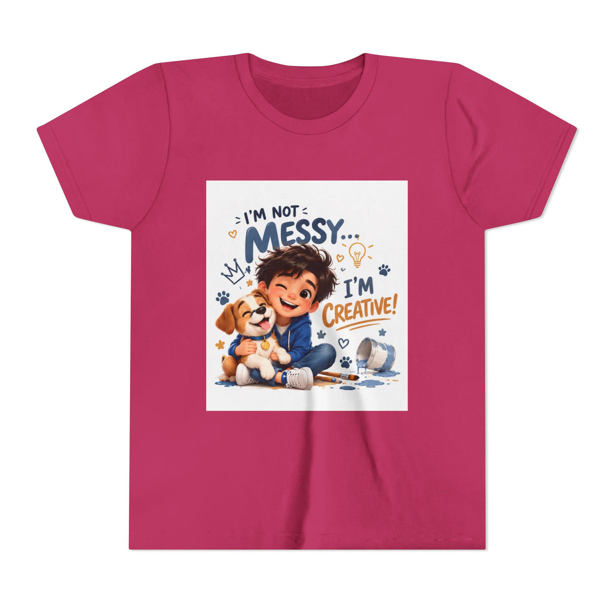 Youth Tee — "I'm Not Messy... I'm Creative!" Cute Kid & Puppy Art