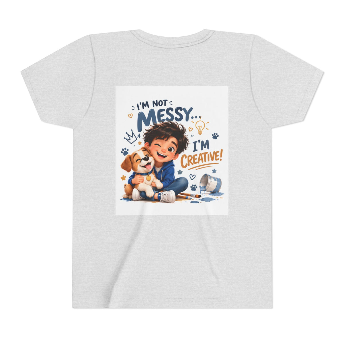 Youth Tee — "I'm Not Messy... I'm Creative!" Cute Kid & Puppy Art