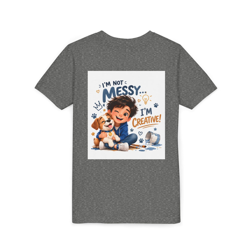 Youth Tee — "I'm Not Messy... I'm Creative!" Cute Kid & Puppy Art