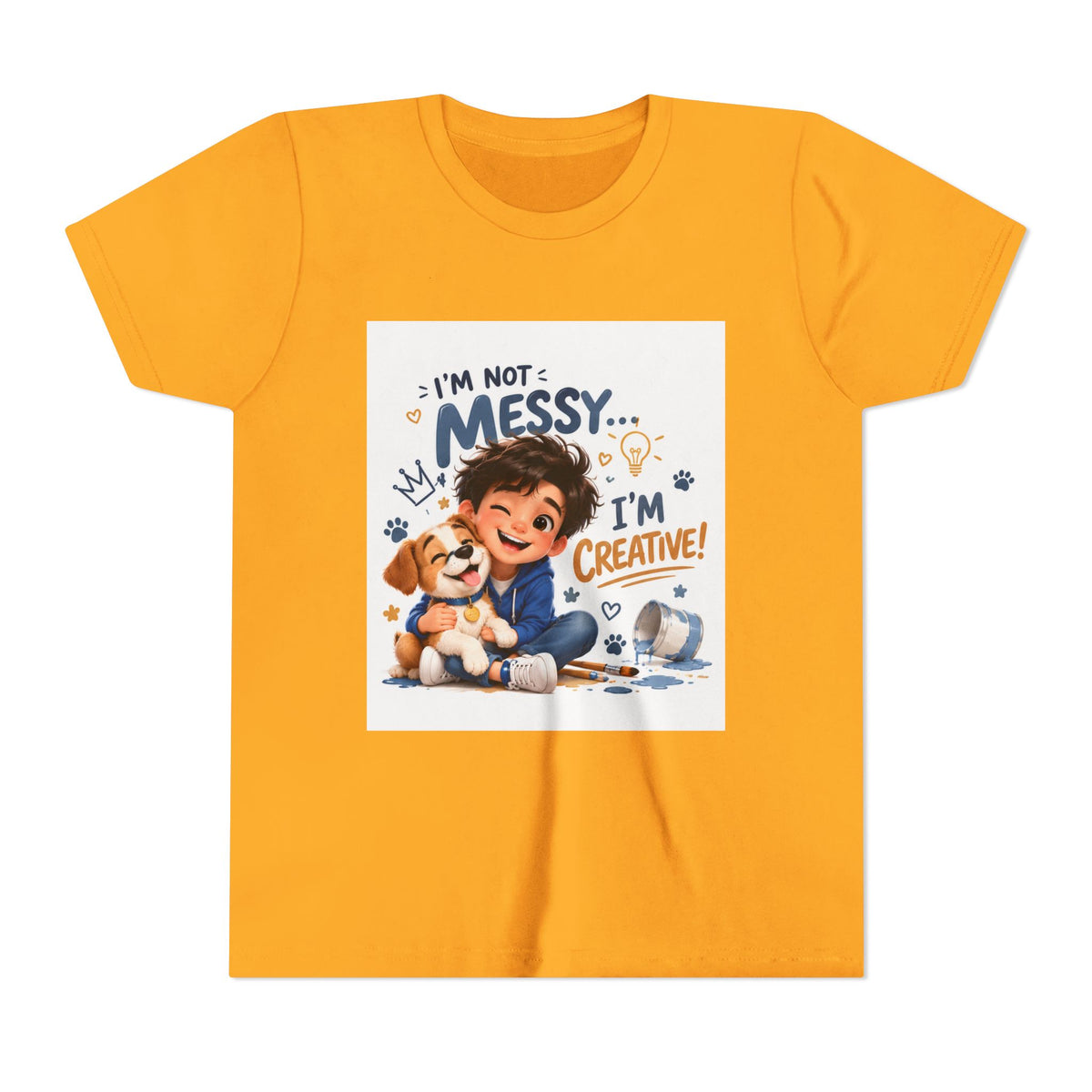 Youth Tee — "I'm Not Messy... I'm Creative!" Cute Kid & Puppy Art