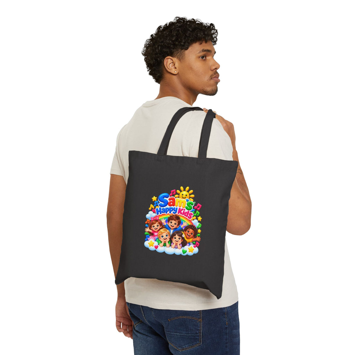 Happy Kids Cartoon Cotton Tote Bag — Colorful Kids Music & Sunshine Design