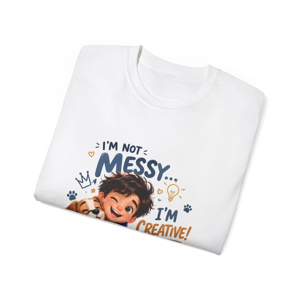 Kids' T-Shirt — "I'm Not Messy... I'm Creative!" Cute Boy & Puppy Art