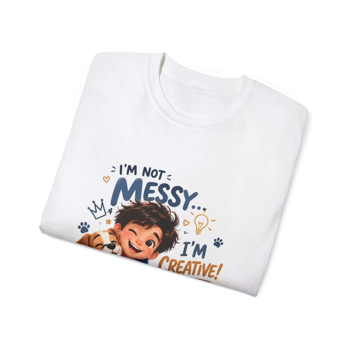 Kids' T-Shirt — "I'm Not Messy... I'm Creative!" Cute Boy & Puppy Art
