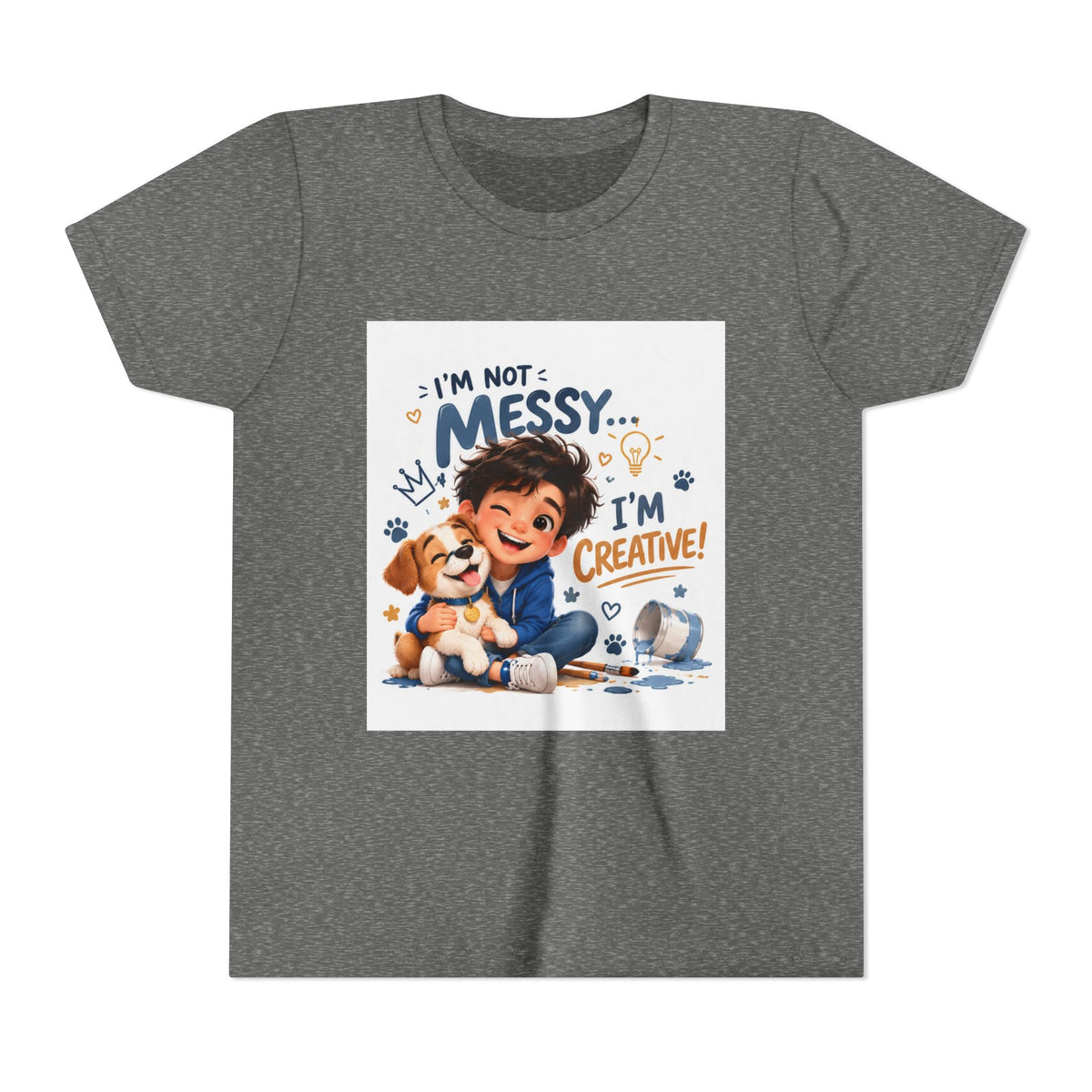 Youth Tee — "I'm Not Messy... I'm Creative!" Cute Kid & Puppy Art