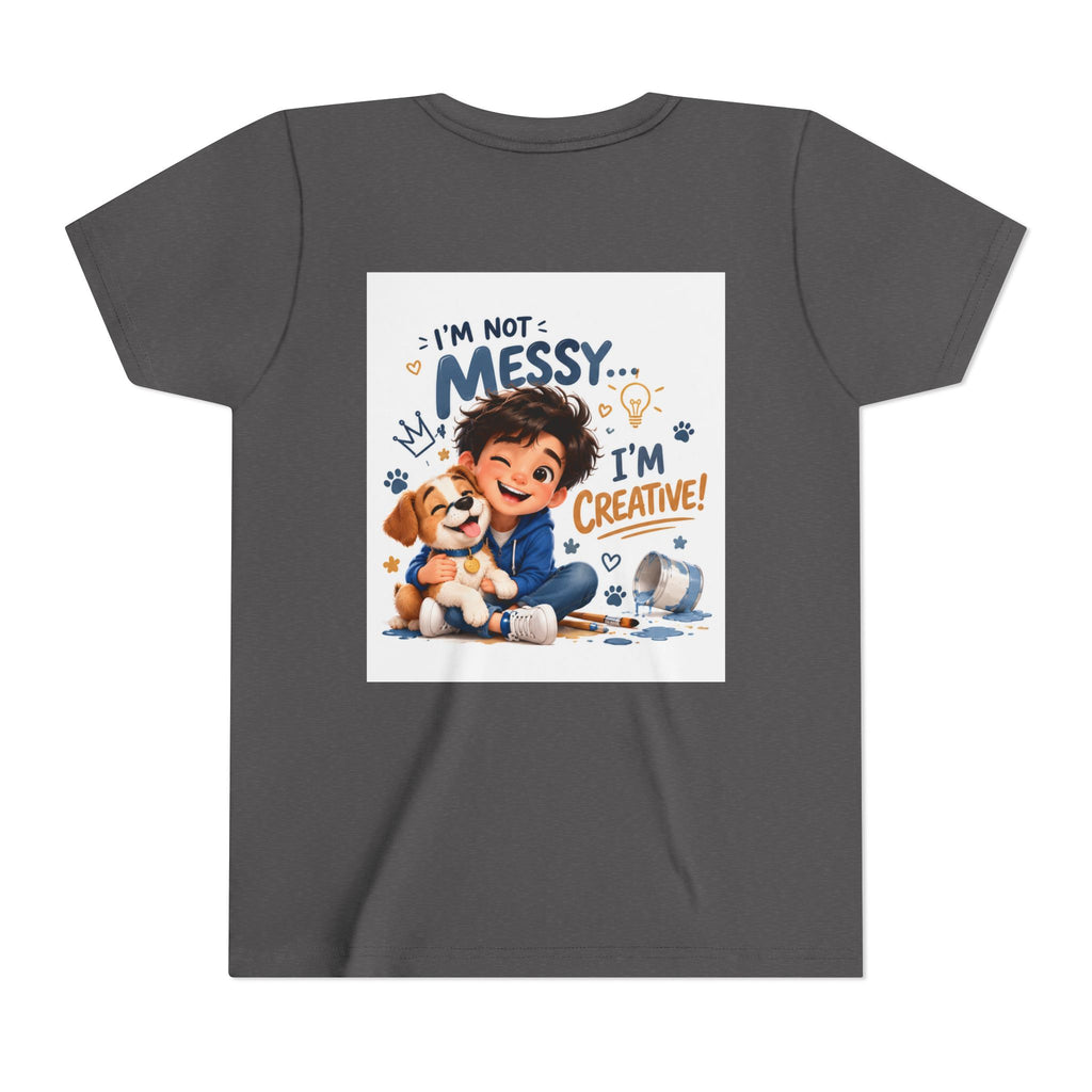 Youth Tee — "I'm Not Messy... I'm Creative!" Cute Kid & Puppy Art