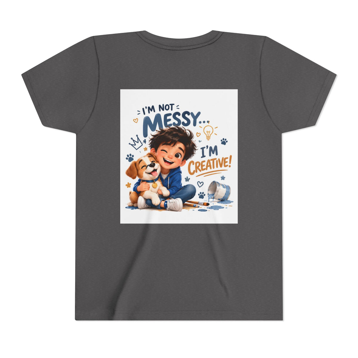 Youth Tee — "I'm Not Messy... I'm Creative!" Cute Kid & Puppy Art