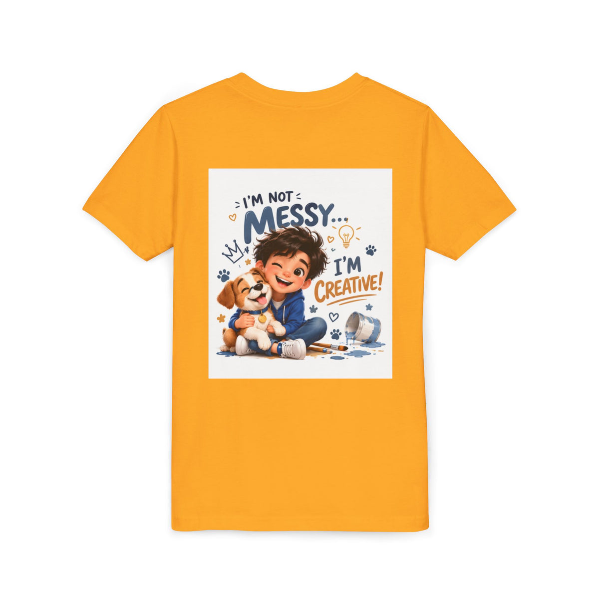 Youth Tee — "I'm Not Messy... I'm Creative!" Cute Kid & Puppy Art