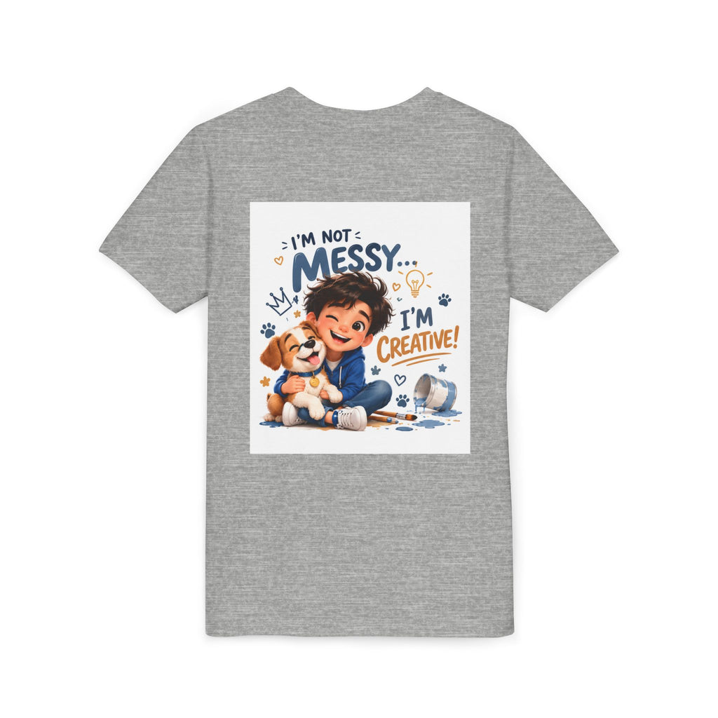Youth Tee — "I'm Not Messy... I'm Creative!" Cute Kid & Puppy Art