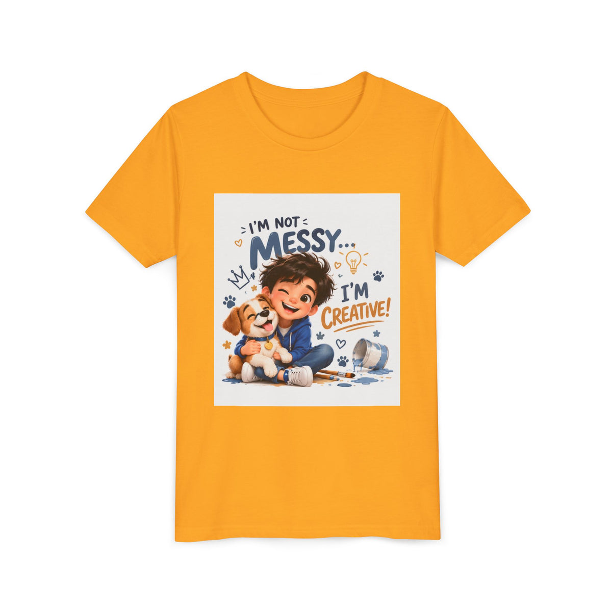 Youth Tee — "I'm Not Messy... I'm Creative!" Cute Kid & Puppy Art