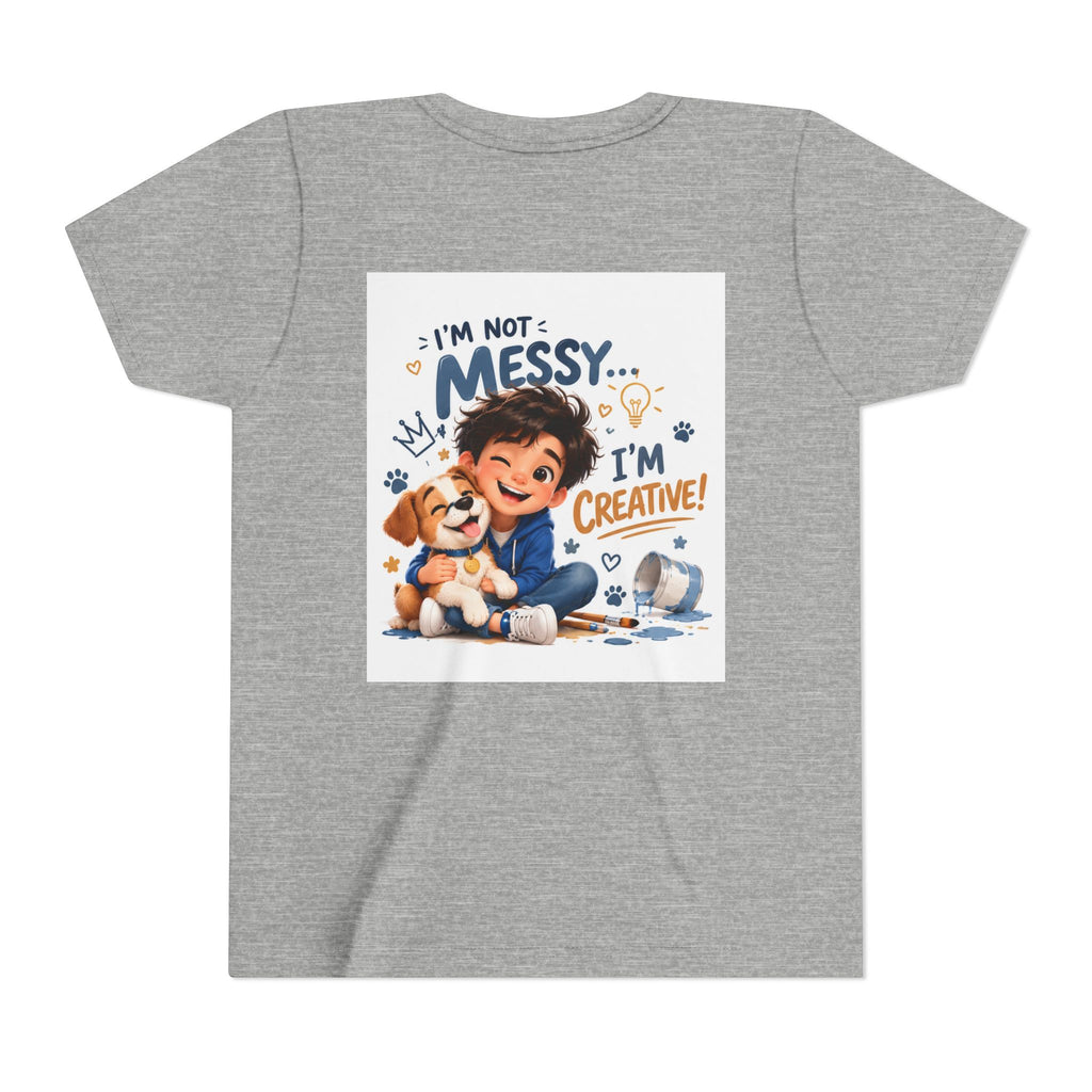 Youth Tee — "I'm Not Messy... I'm Creative!" Cute Kid & Puppy Art
