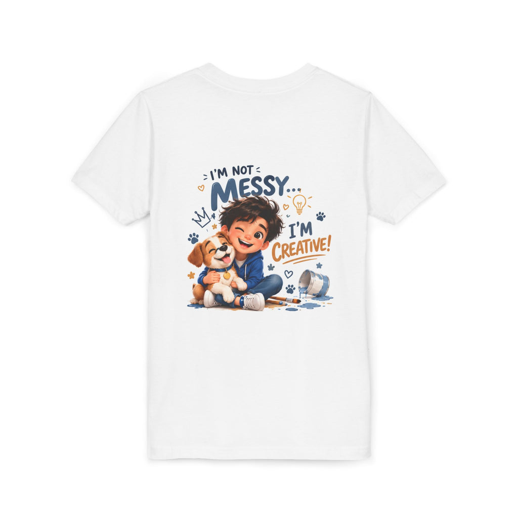 Youth Tee — "I'm Not Messy... I'm Creative!" Cute Kid & Puppy Art