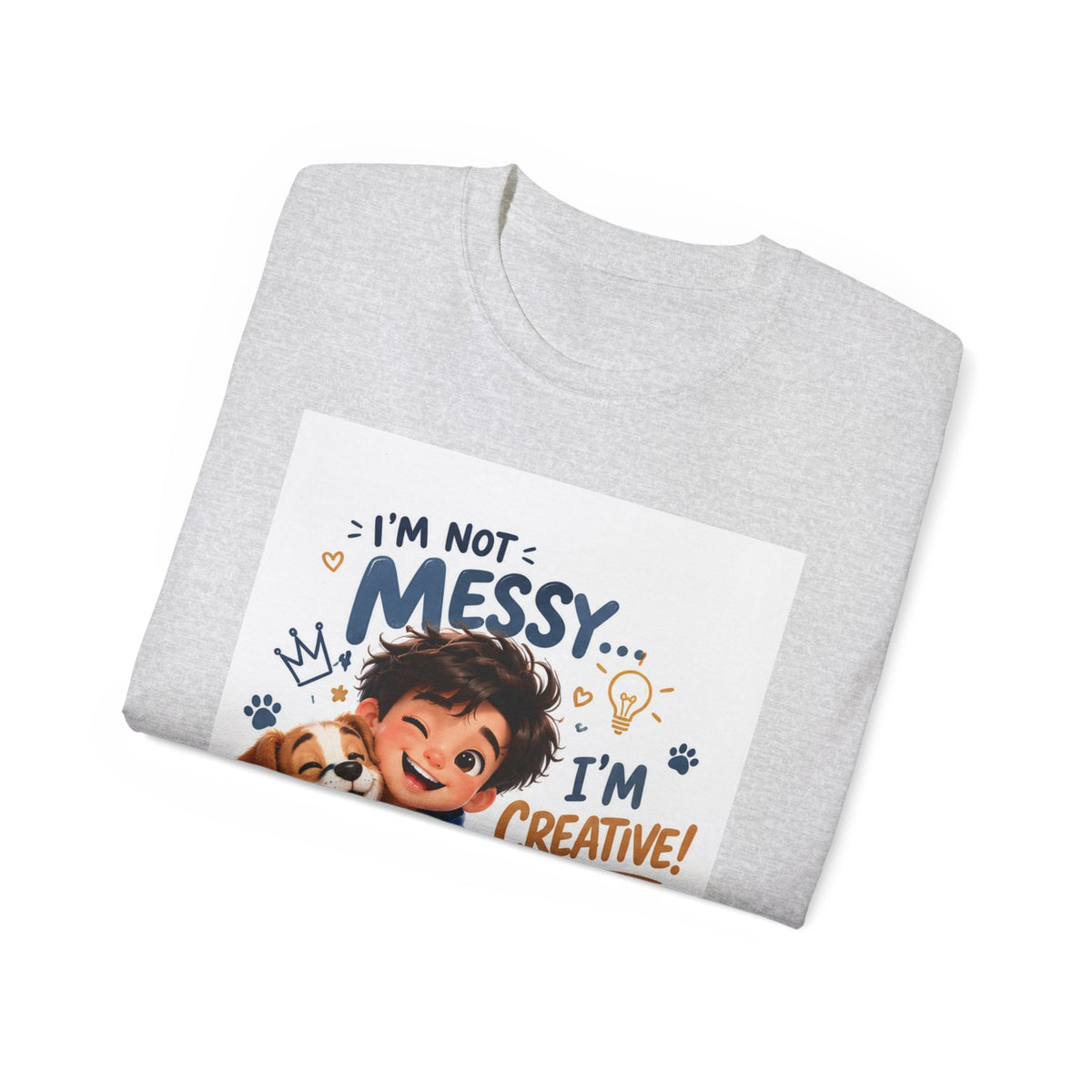Kids' T-Shirt — "I'm Not Messy... I'm Creative!" Cute Boy & Puppy Art