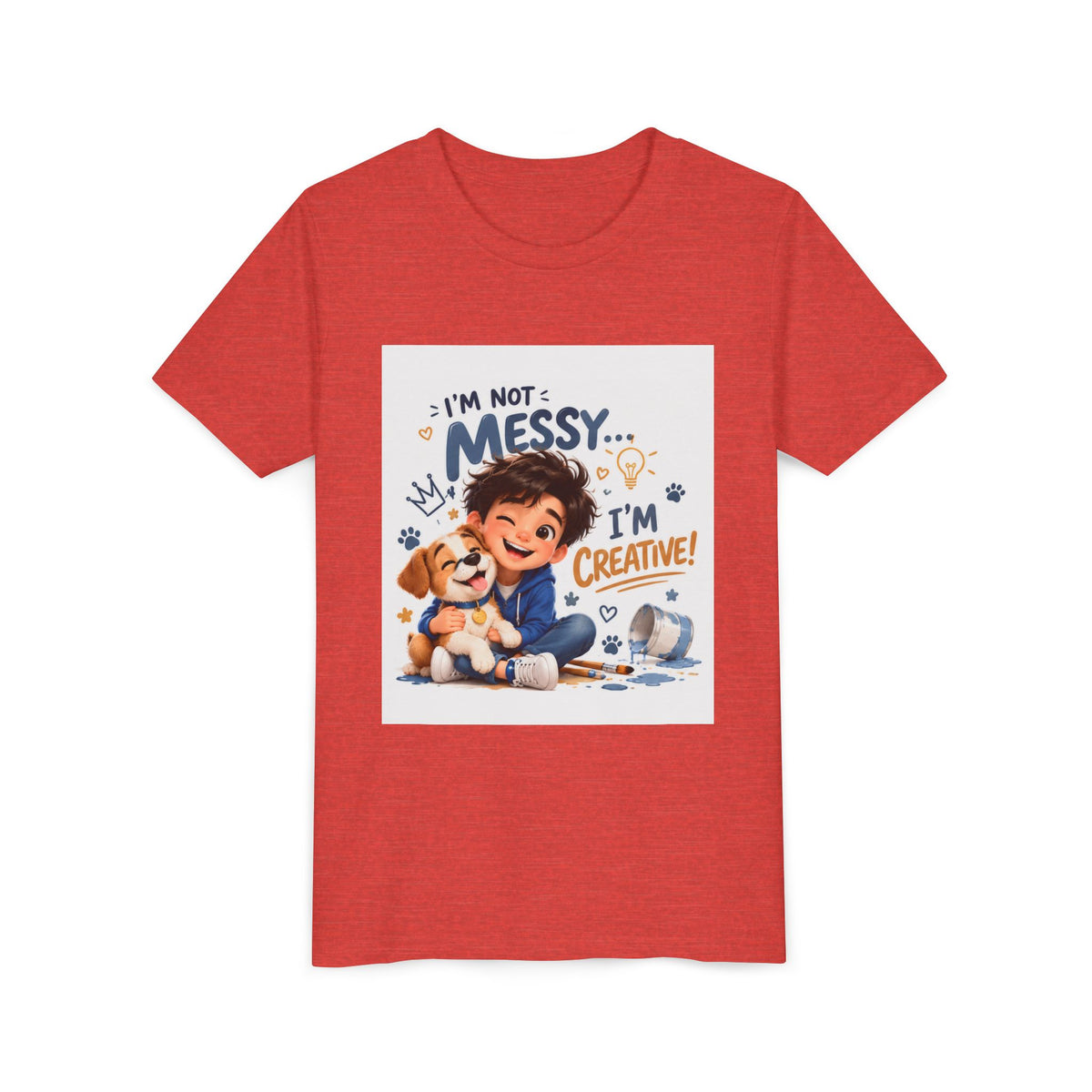 Youth Tee — "I'm Not Messy... I'm Creative!" Cute Kid & Puppy Art
